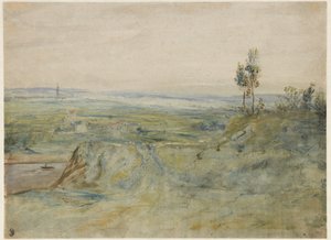 ラプレーヌ、ムードンの高さからの眺め、1833年頃（WCとウォーヴ紙に油絵の具） 作： Pierre Etienne Theodore Rousseau